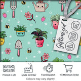 Cute Kawaii Garden Tools Flowers Bees Mint Background Seamless Pattern Digital Print Fabric by the Metre UK Sewing Quilting Textile
