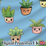 Cute Kawaii Indoor Plants Blue Background Seamless Pattern Digital Print Fabric by the Metre UK Sewing Quilting Textile