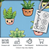 Cute Kawaii Indoor Plants Blue Background Seamless Pattern Digital Print Fabric by the Metre UK Sewing Quilting Textile