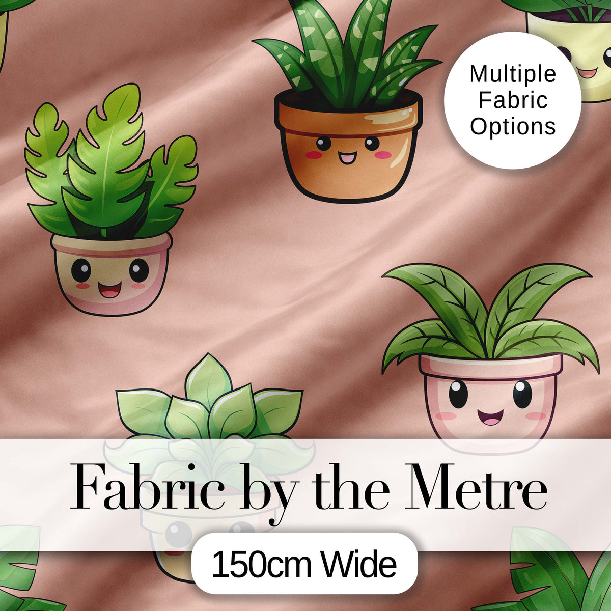 Cute Kawaii Indoor Plants Peach Background Seamless Pattern Digital Print Fabric by the Metre UK Sewing Quilting Textile