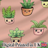 Cute Kawaii Indoor Plants Peach Background Seamless Pattern Digital Print Fabric by the Metre UK Sewing Quilting Textile