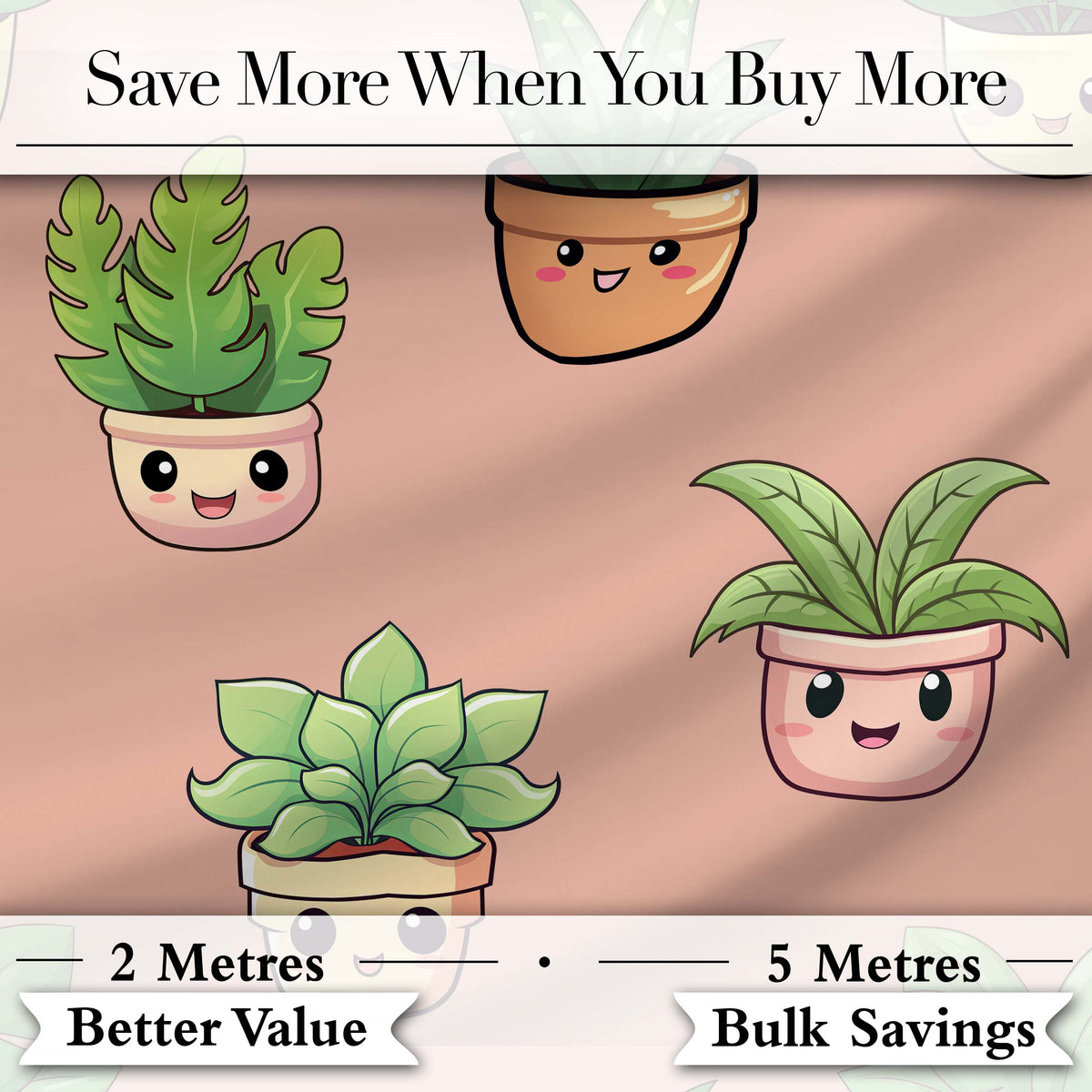 Cute Kawaii Indoor Plants Peach Background Seamless Pattern Digital Print Fabric by the Metre UK Sewing Quilting Textile