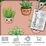 Cute Kawaii Indoor Plants Peach Background Seamless Pattern Digital Print Fabric by the Metre UK Sewing Quilting Textile