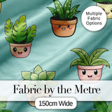 Cute Kawaii Indoor Plants Mint Background Seamless Pattern Digital Print Fabric by the Metre UK Sewing Quilting Textile