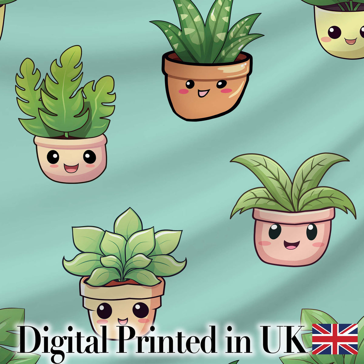 Cute Kawaii Indoor Plants Mint Background Seamless Pattern Digital Print Fabric by the Metre UK Sewing Quilting Textile