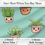 Cute Kawaii Indoor Plants Mint Background Seamless Pattern Digital Print Fabric by the Metre UK Sewing Quilting Textile