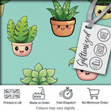 Cute Kawaii Indoor Plants Mint Background Seamless Pattern Digital Print Fabric by the Metre UK Sewing Quilting Textile