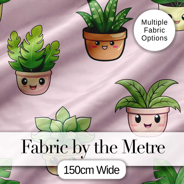 Cute Kawaii Indoor Plants Blush Pink Background Seamless Pattern Digital Print Fabric by the Metre UK Sewing Quilting Textile