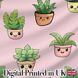 Cute Kawaii Indoor Plants Blush Pink Background Seamless Pattern Digital Print Fabric by the Metre UK Sewing Quilting Textile