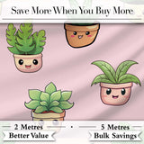 Cute Kawaii Indoor Plants Blush Pink Background Seamless Pattern Digital Print Fabric by the Metre UK Sewing Quilting Textile