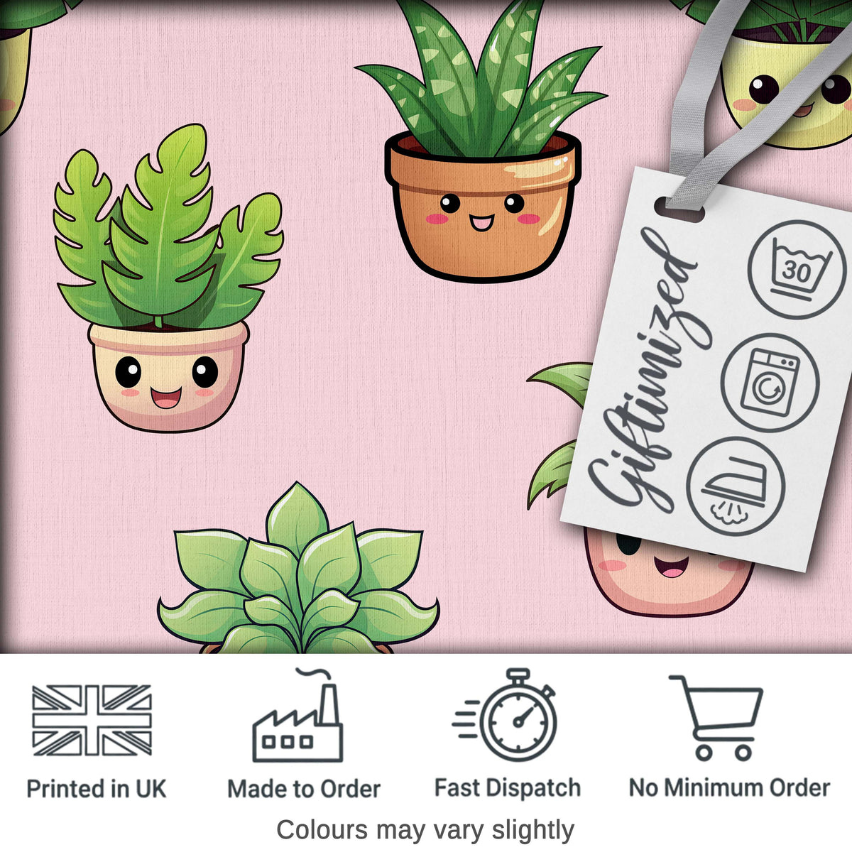 Cute Kawaii Indoor Plants Blush Pink Background Seamless Pattern Digital Print Fabric by the Metre UK Sewing Quilting Textile