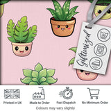 Cute Kawaii Indoor Plants Blush Pink Background Seamless Pattern Digital Print Fabric by the Metre UK Sewing Quilting Textile