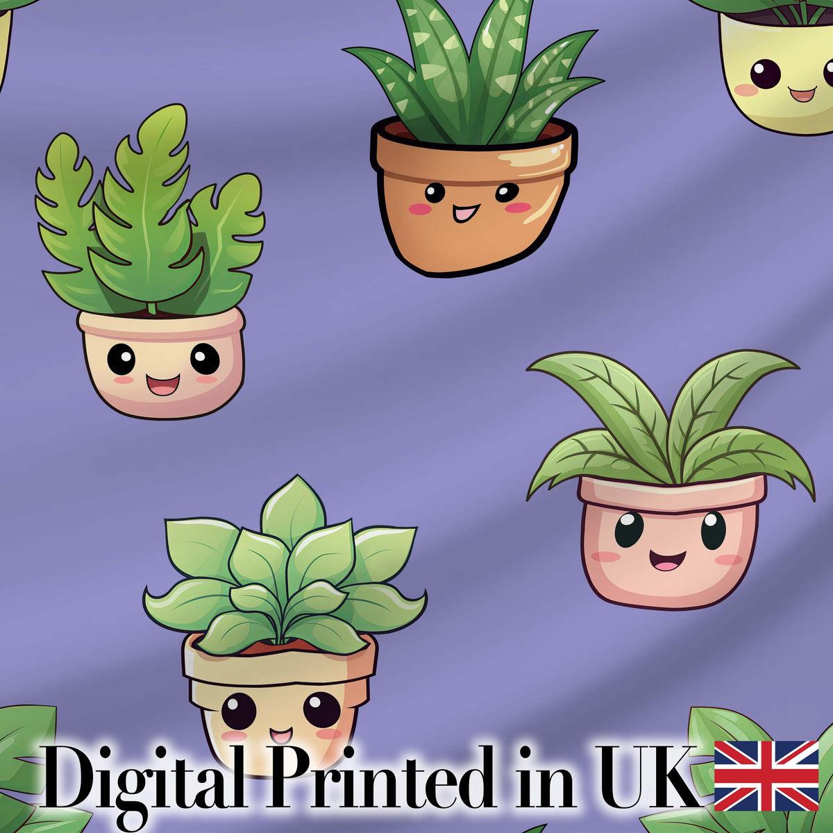 Cute Kawaii Indoor Plants Purple Background Seamless Pattern Digital Print Fabric by the Metre UK Sewing Quilting Textile