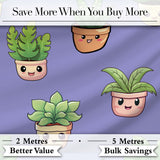 Cute Kawaii Indoor Plants Purple Background Seamless Pattern Digital Print Fabric by the Metre UK Sewing Quilting Textile