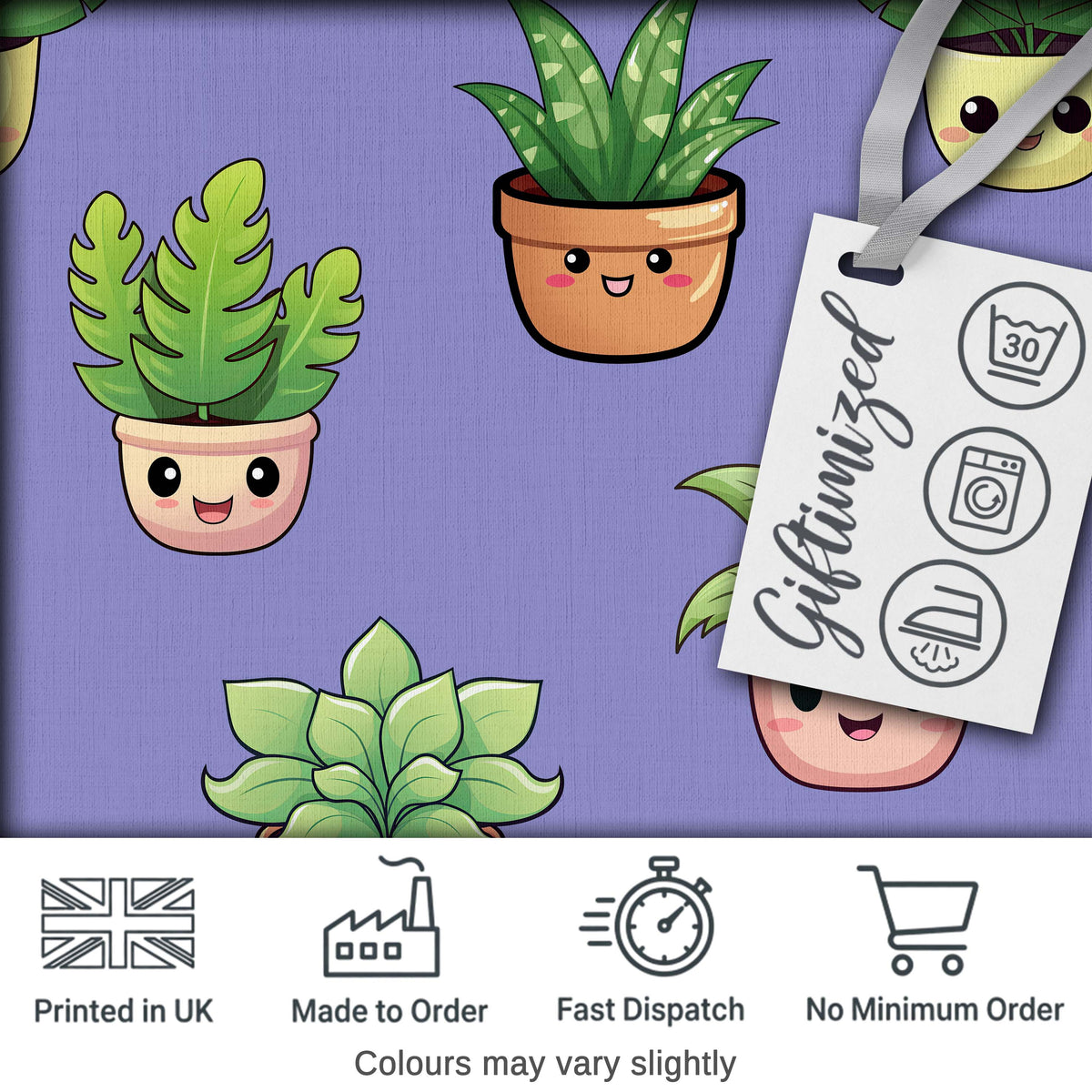 Cute Kawaii Indoor Plants Purple Background Seamless Pattern Digital Print Fabric by the Metre UK Sewing Quilting Textile