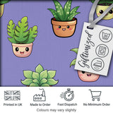 Cute Kawaii Indoor Plants Purple Background Seamless Pattern Digital Print Fabric by the Metre UK Sewing Quilting Textile