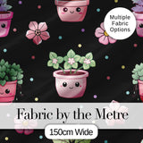 Cute Kawaii Floral Plants Black Background Seamless Pattern Digital Print Fabric by the Metre UK Sewing Quilting Textile