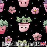 Cute Kawaii Floral Plants Black Background Seamless Pattern Digital Print Fabric by the Metre UK Sewing Quilting Textile