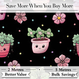 Cute Kawaii Floral Plants Black Background Seamless Pattern Digital Print Fabric by the Metre UK Sewing Quilting Textile