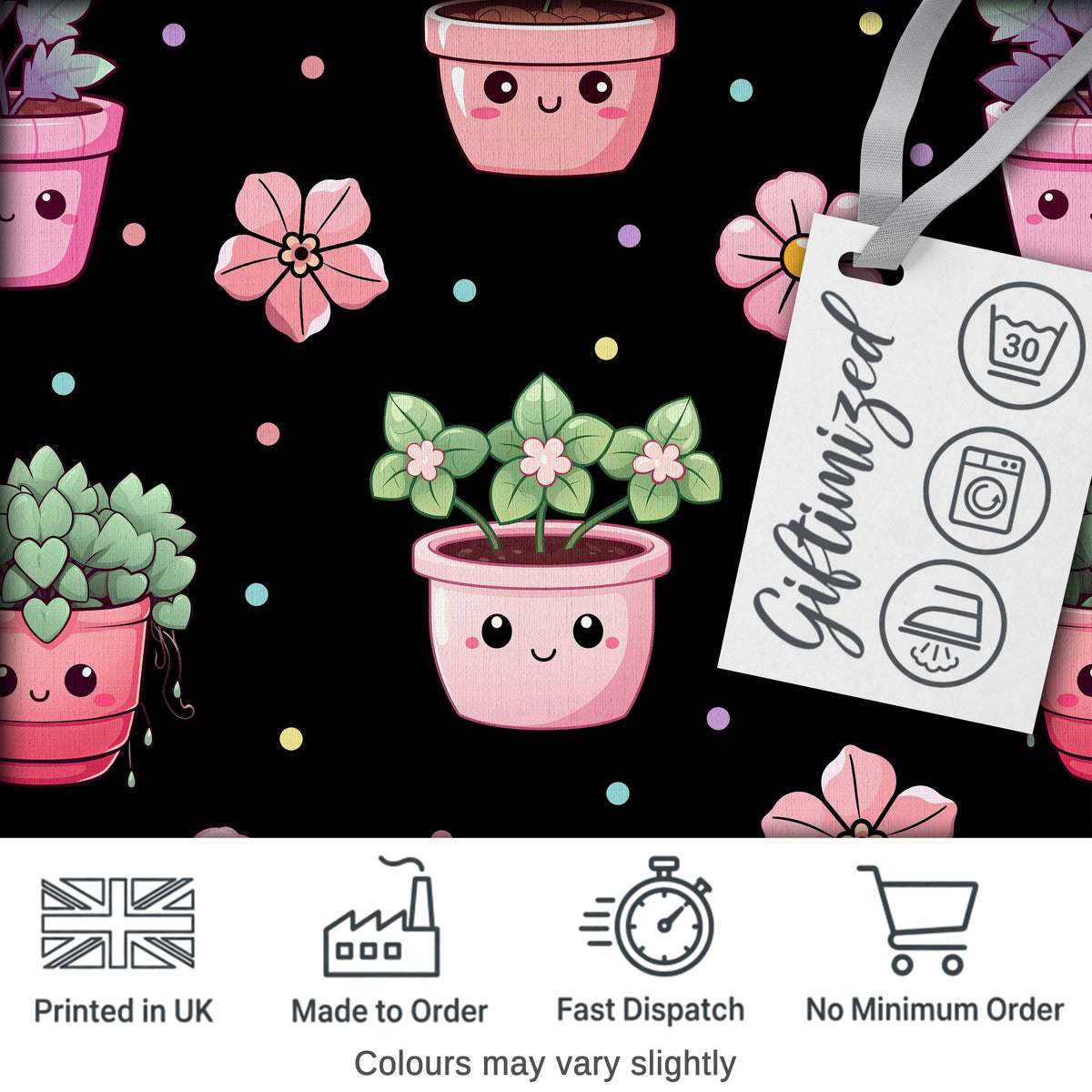 Cute Kawaii Floral Plants Black Background Seamless Pattern Digital Print Fabric by the Metre UK Sewing Quilting Textile