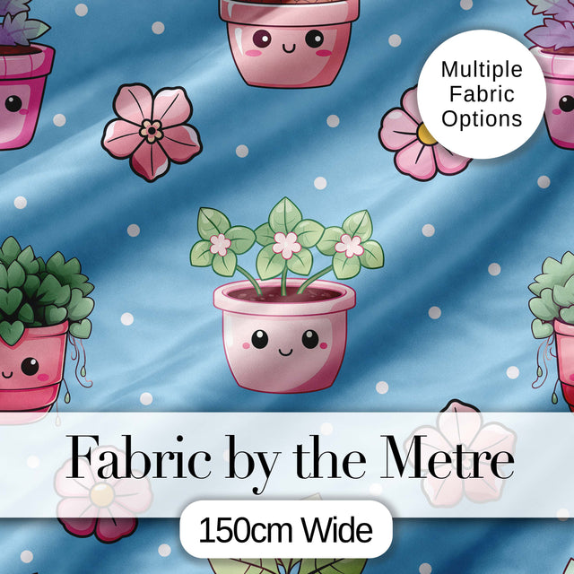 Cute Kawaii Floral Plants Blue Background Seamless Pattern Digital Print Fabric by the Metre UK Sewing Quilting Textile