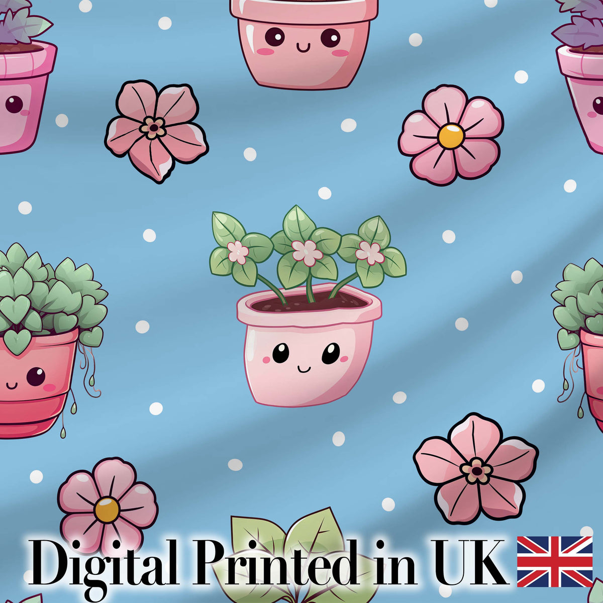 Cute Kawaii Floral Plants Blue Background Seamless Pattern Digital Print Fabric by the Metre UK Sewing Quilting Textile