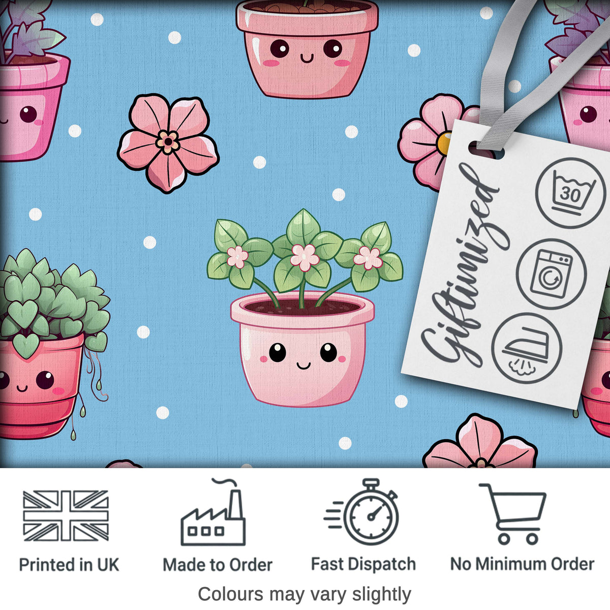Cute Kawaii Floral Plants Blue Background Seamless Pattern Digital Print Fabric by the Metre UK Sewing Quilting Textile