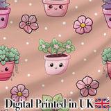 Cute Kawaii Floral Plants Peach Background Seamless Pattern Digital Print Fabric by the Metre UK Sewing Quilting Textile