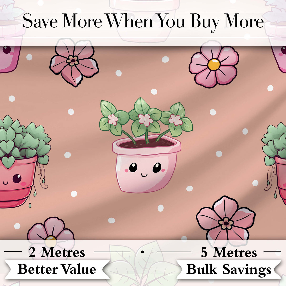 Cute Kawaii Floral Plants Peach Background Seamless Pattern Digital Print Fabric by the Metre UK Sewing Quilting Textile