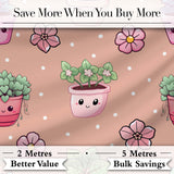 Cute Kawaii Floral Plants Peach Background Seamless Pattern Digital Print Fabric by the Metre UK Sewing Quilting Textile