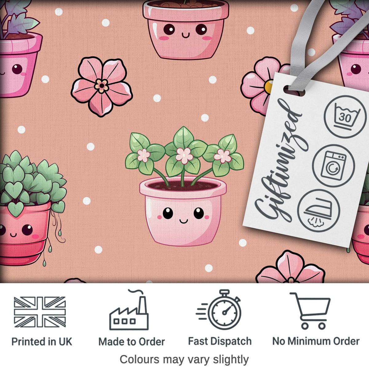 Cute Kawaii Floral Plants Peach Background Seamless Pattern Digital Print Fabric by the Metre UK Sewing Quilting Textile