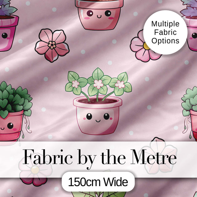 Cute Kawaii Floral Plants Pink Background Seamless Pattern Digital Print Fabric by the Metre UK Sewing Quilting Textile