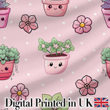 Cute Kawaii Floral Plants Pink Background Seamless Pattern Digital Print Fabric by the Metre UK Sewing Quilting Textile