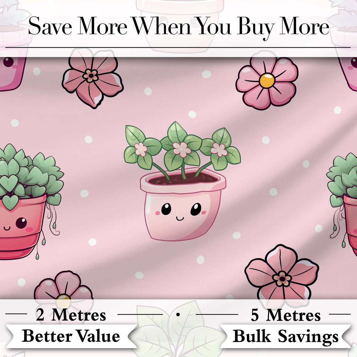 Cute Kawaii Floral Plants Pink Background Seamless Pattern Digital Print Fabric by the Metre UK Sewing Quilting Textile