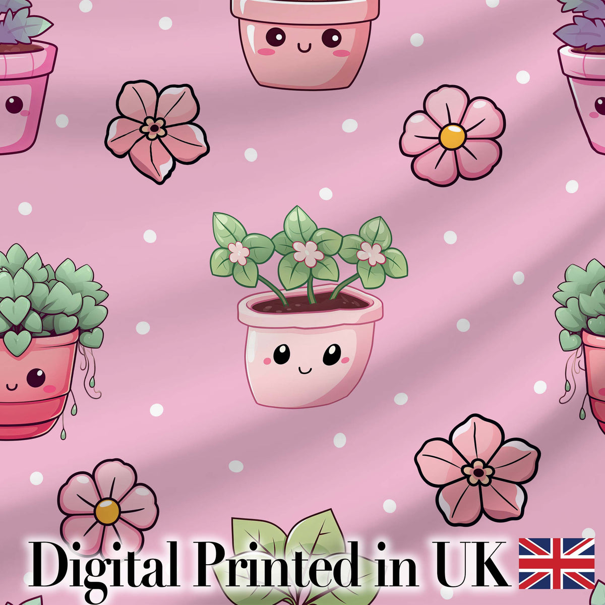 Cute Kawaii Floral Plants Blush Pink Background Seamless Pattern Digital Print Fabric by the Metre UK Sewing Quilting Textile