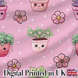 Cute Kawaii Floral Plants Blush Pink Background Seamless Pattern Digital Print Fabric by the Metre UK Sewing Quilting Textile