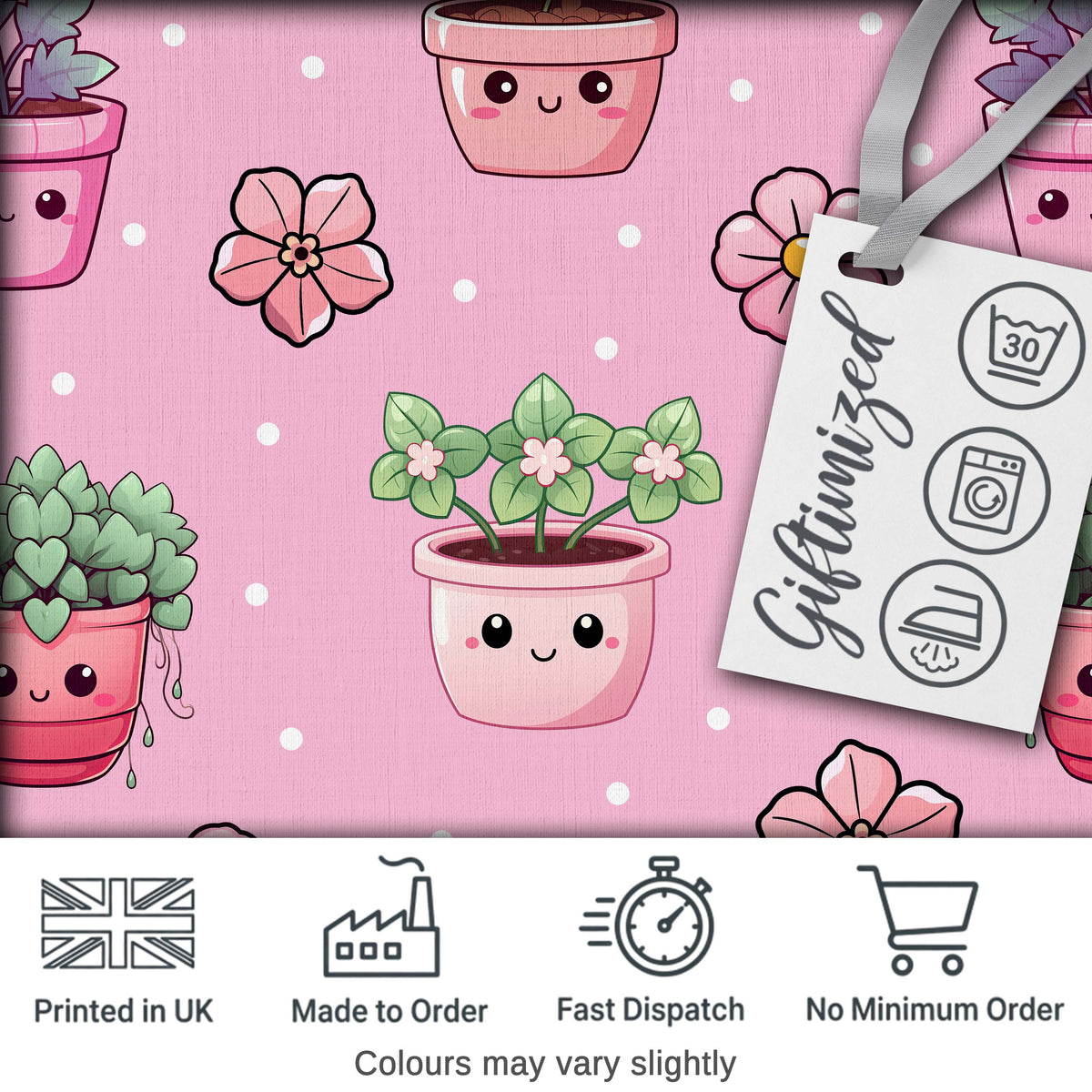 Cute Kawaii Floral Plants Blush Pink Background Seamless Pattern Digital Print Fabric by the Metre UK Sewing Quilting Textile