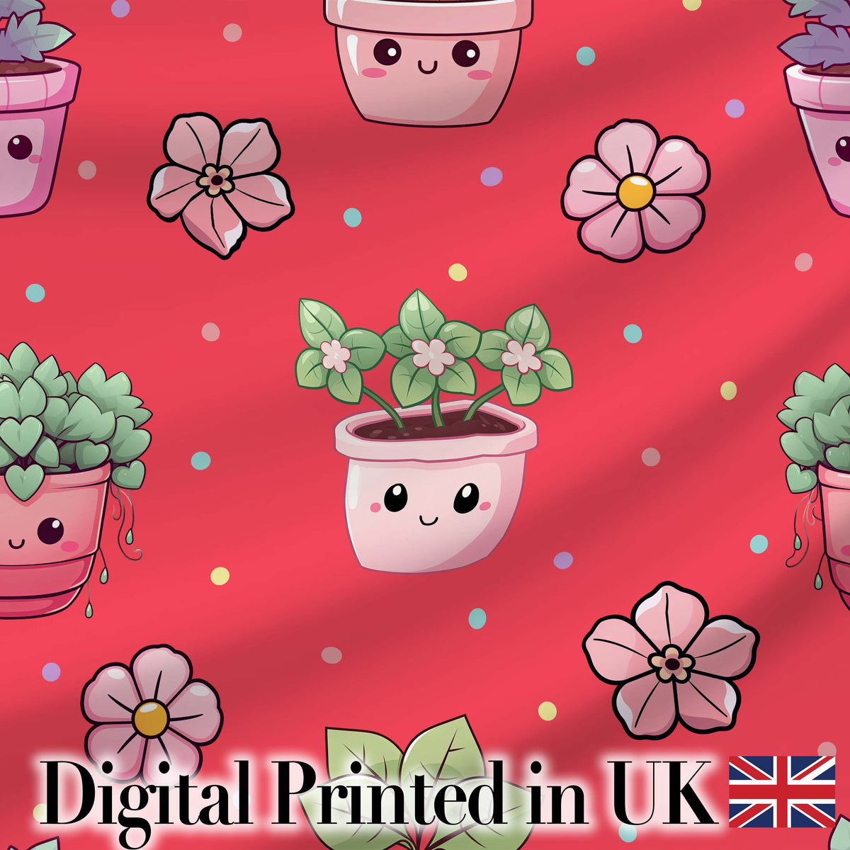 Cute Kawaii Floral Plants Red Background Seamless Pattern Digital Print Fabric by the Metre UK Sewing Quilting Textile