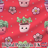 Cute Kawaii Floral Plants Red Background Seamless Pattern Digital Print Fabric by the Metre UK Sewing Quilting Textile