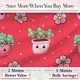 Cute Kawaii Floral Plants Red Background Seamless Pattern Digital Print Fabric by the Metre UK Sewing Quilting Textile