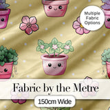 Cute Kawaii Floral Plants Yellow Background Seamless Pattern Digital Print Fabric by the Metre UK Sewing Quilting Textile