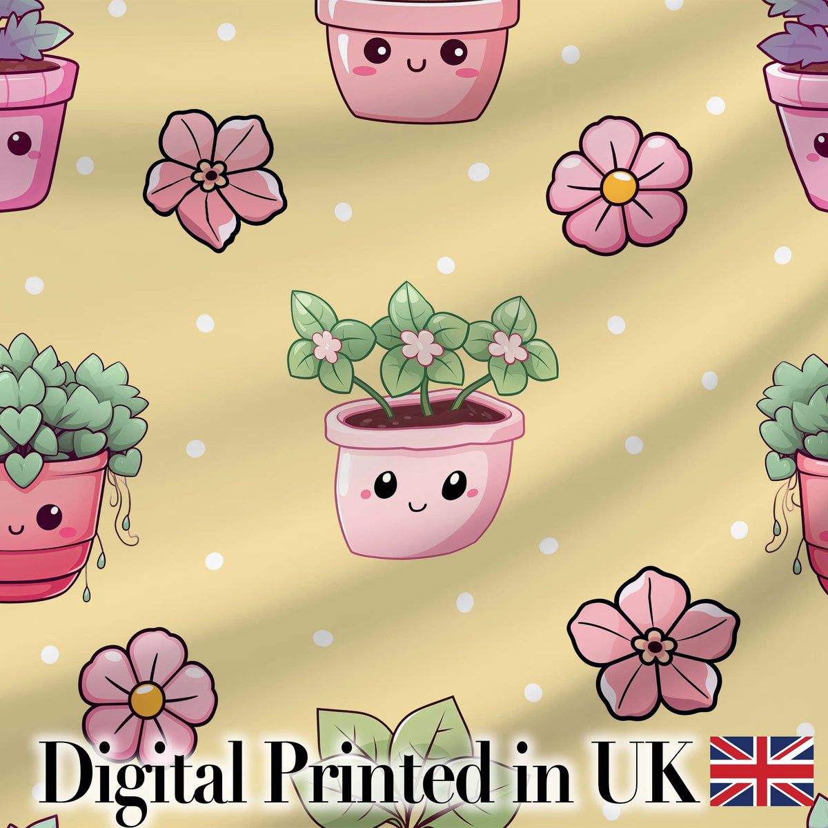 Cute Kawaii Floral Plants Yellow Background Seamless Pattern Digital Print Fabric by the Metre UK Sewing Quilting Textile