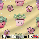 Cute Kawaii Floral Plants Yellow Background Seamless Pattern Digital Print Fabric by the Metre UK Sewing Quilting Textile
