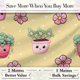 Cute Kawaii Floral Plants Yellow Background Seamless Pattern Digital Print Fabric by the Metre UK Sewing Quilting Textile