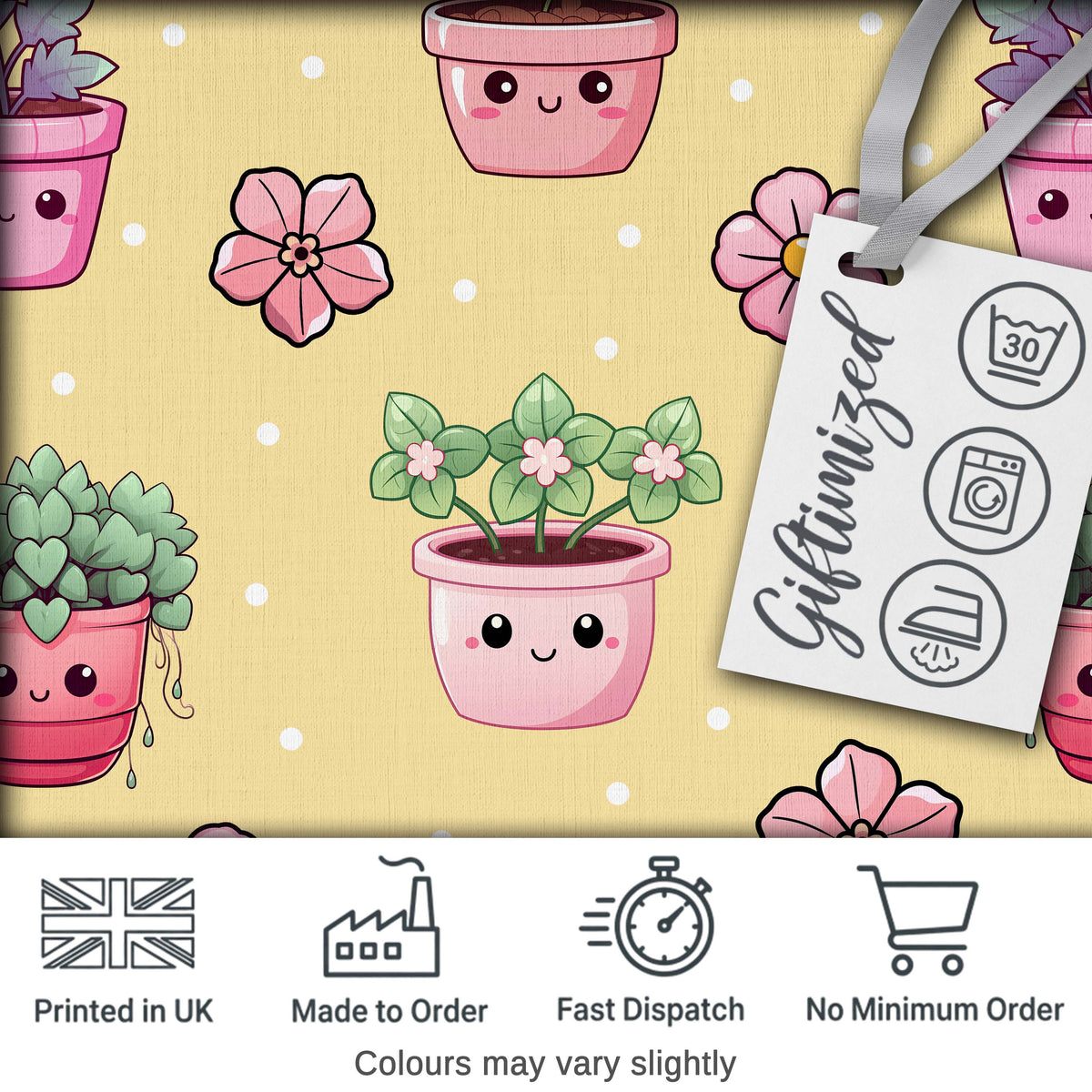 Cute Kawaii Floral Plants Yellow Background Seamless Pattern Digital Print Fabric by the Metre UK Sewing Quilting Textile
