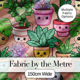 Cute Kawaii Indoor Plants Beige Background Seamless Pattern Digital Print Fabric by the Metre UK Sewing Quilting Textile