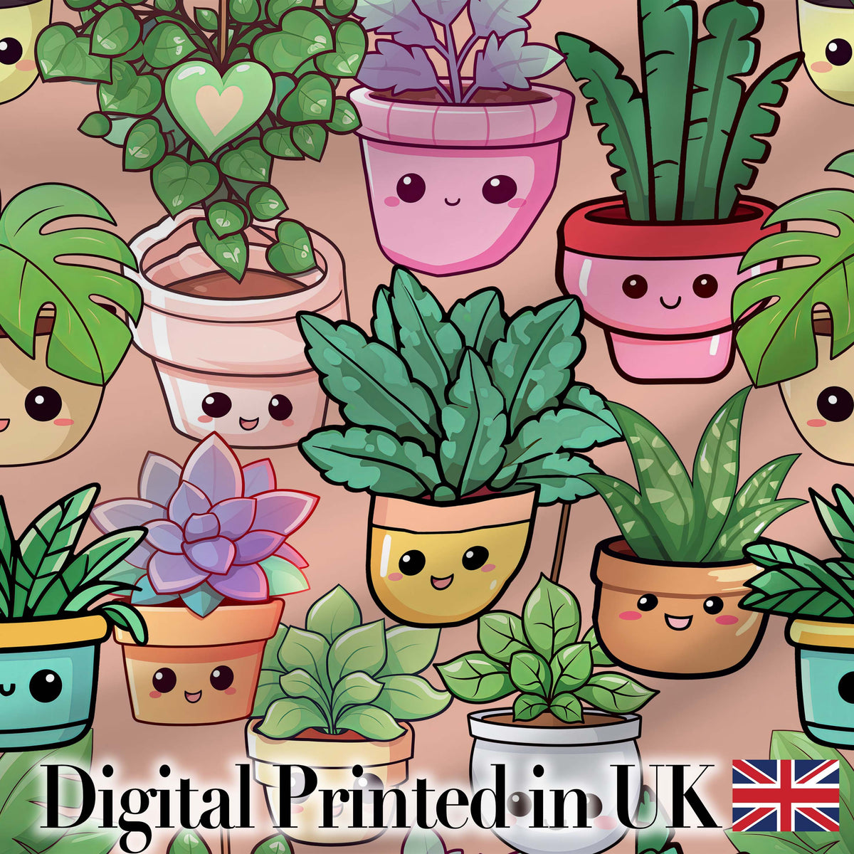 Cute Kawaii Indoor Plants Beige Background Seamless Pattern Digital Print Fabric by the Metre UK Sewing Quilting Textile