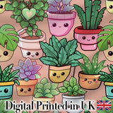 Cute Kawaii Indoor Plants Beige Background Seamless Pattern Digital Print Fabric by the Metre UK Sewing Quilting Textile
