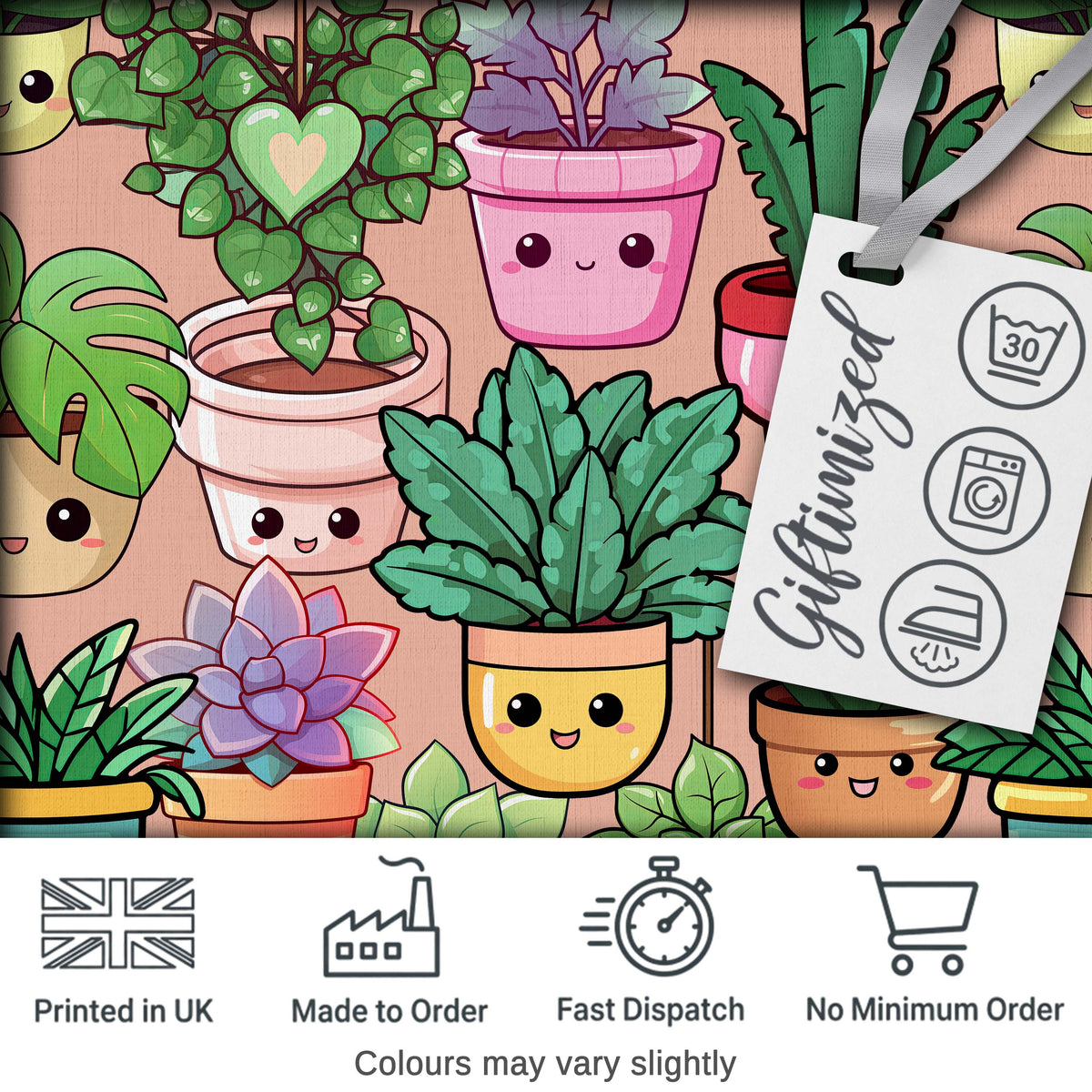 Cute Kawaii Indoor Plants Beige Background Seamless Pattern Digital Print Fabric by the Metre UK Sewing Quilting Textile