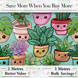 Cute Kawaii Indoor Plants Mint Background Seamless Pattern Digital Print Fabric by the Metre UK Sewing Quilting Textile